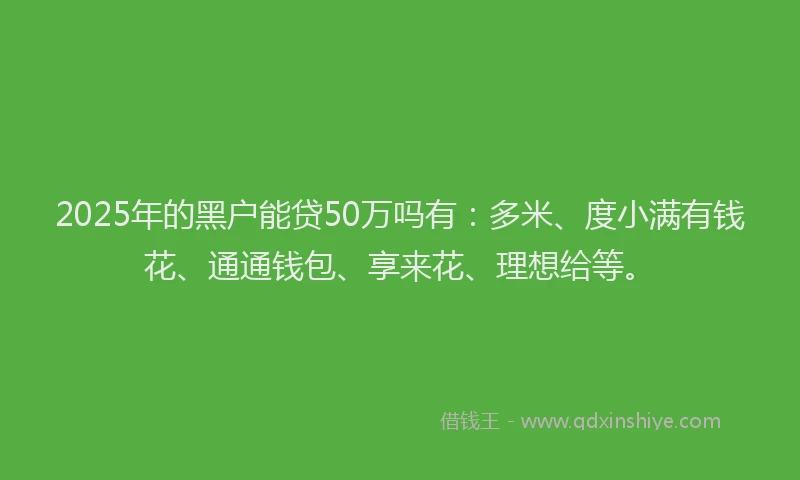 2025年的黑户能贷50万吗有：多米、度小满有钱花、通通钱包、享来花、理想给等。
