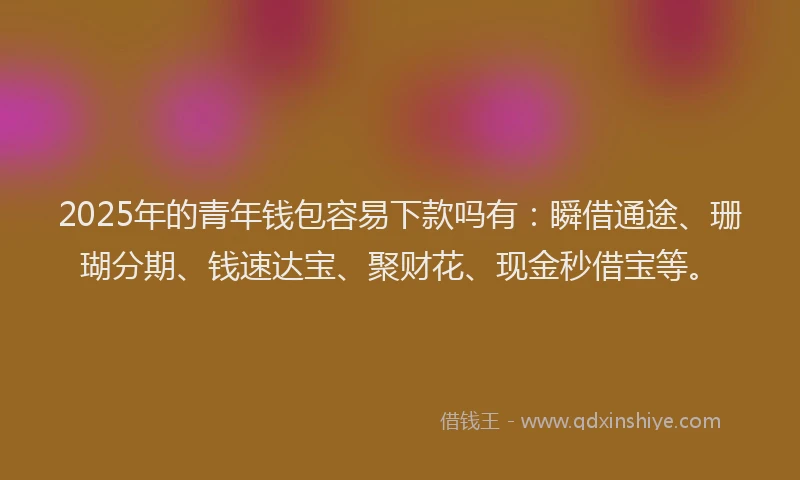 2025年的青年钱包容易下款吗有：瞬借通途、珊瑚分期、钱速达宝、聚财花、现金秒借宝等。