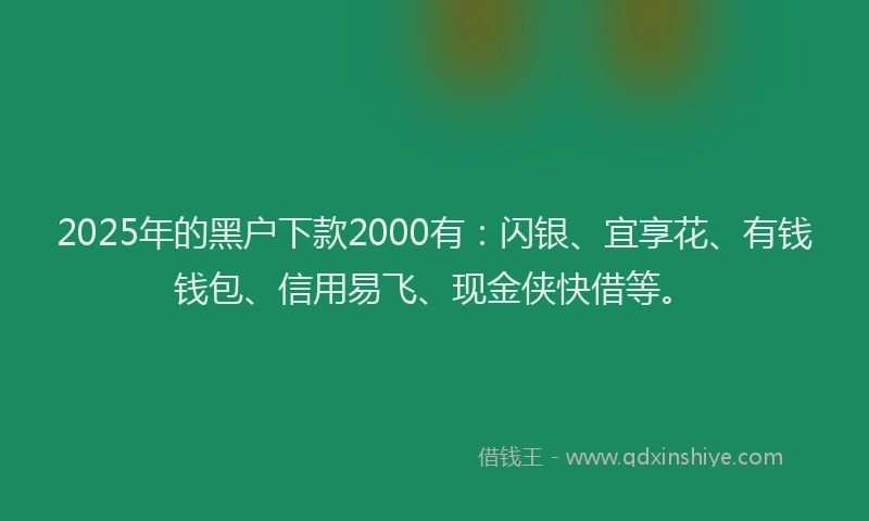 2025年的黑户下款2000有：闪银、宜享花、有钱钱包、信用易飞、现金侠快借等。