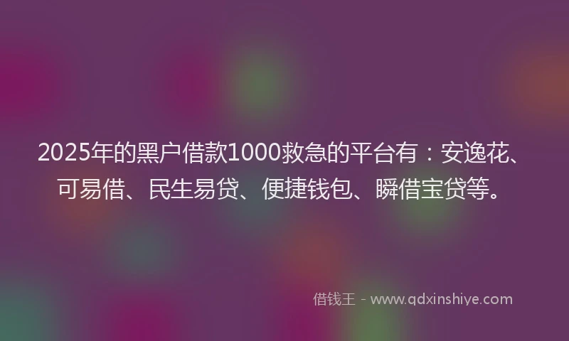 2025年的黑户借款1000救急的平台有：安逸花、可易借、民生易贷、便捷钱包、瞬借宝贷等。