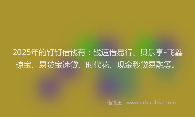 2025年的钉钉借钱有：钱速借易行、贝乐享-飞鑫琼宝、易贷宝速贷、时代花、现金秒贷易融等。