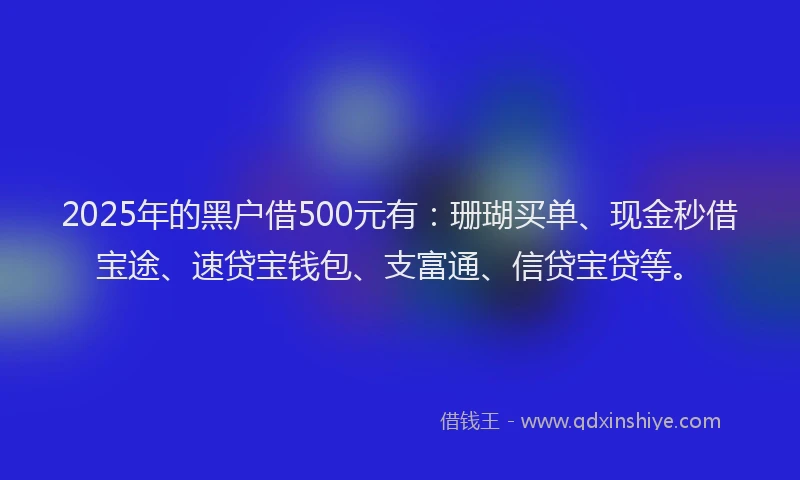 2025年的黑户借500元有：珊瑚买单、现金秒借宝途、速贷宝钱包、支富通、信贷宝贷等。