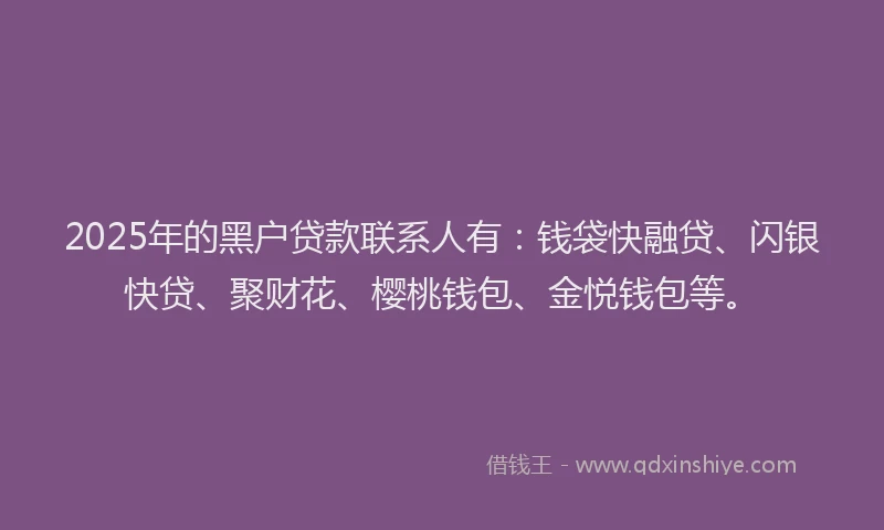 2025年的黑户贷款联系人有：钱袋快融贷、闪银快贷、聚财花、樱桃钱包、金悦钱包等。