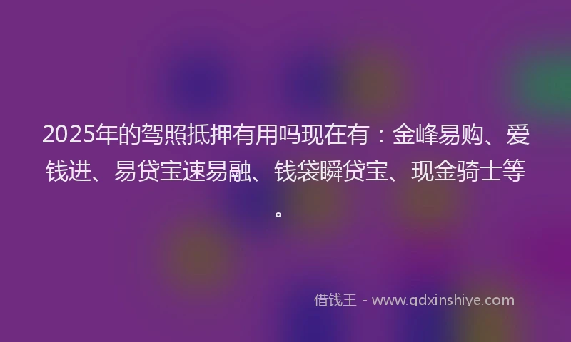 2025年的驾照抵押有用吗现在有：金峰易购、爱钱进、易贷宝速易融、钱袋瞬贷宝、现金骑士等。