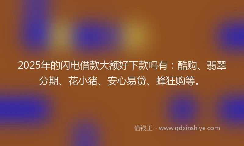 2025年的闪电借款大额好下款吗有：酷购、翡翠分期、花小猪、安心易贷、蜂狂购等。