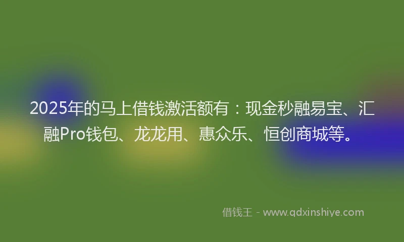 2025年的马上借钱激活额有：现金秒融易宝、汇融Pro钱包、龙龙用、惠众乐、恒创商城等。