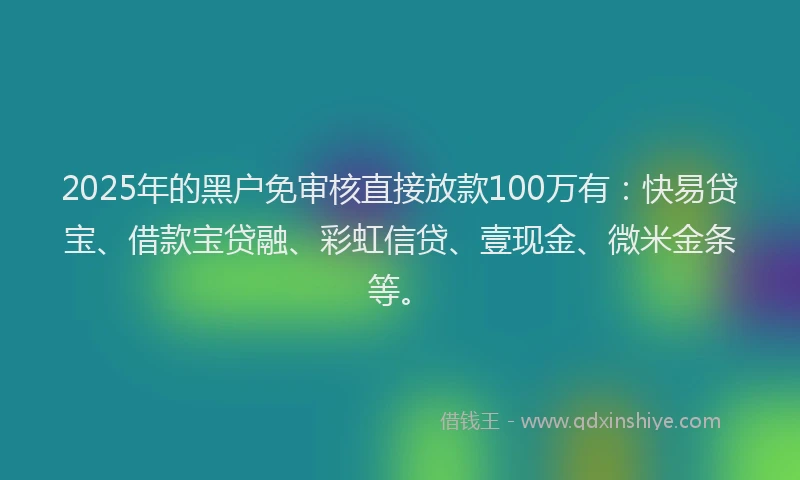 2025年的黑户免审核直接放款100万有：快易贷宝、借款宝贷融、彩虹信贷、壹现金、微米金条等。