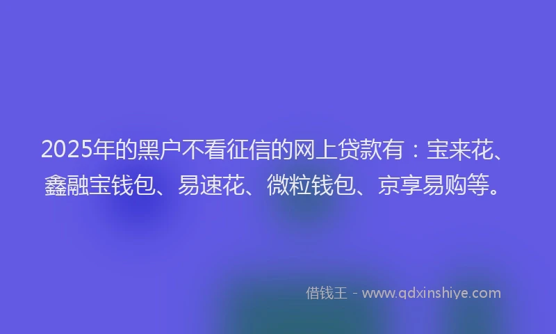 2025年的黑户不看征信的网上贷款有：宝来花、鑫融宝钱包、易速花、微粒钱包、京享易购等。