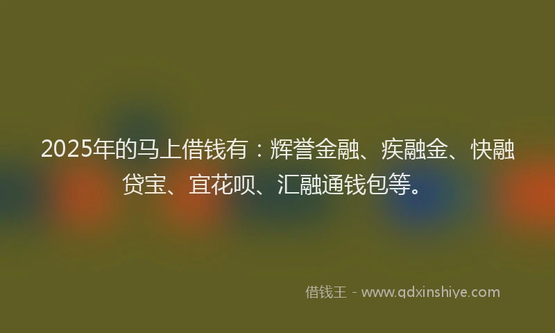 2025年的马上借钱有：辉誉金融、疾融金、快融贷宝、宜花呗、汇融通钱包等。