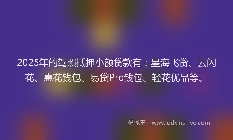 2025年的驾照抵押小额贷款有：星海飞贷、云闪花、惠花钱包、易贷Pro钱包、轻花优品等。