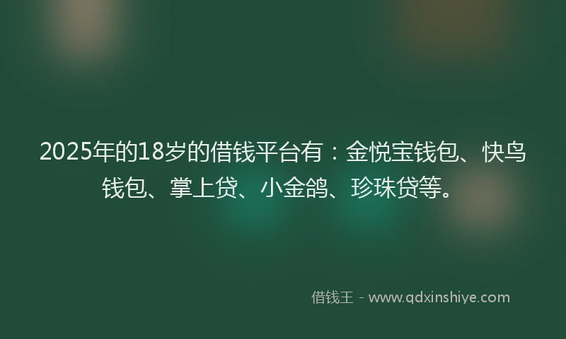 2025年的18岁的借钱平台有：金悦宝钱包、快鸟钱包、掌上贷、小金鸽、珍珠贷等。
