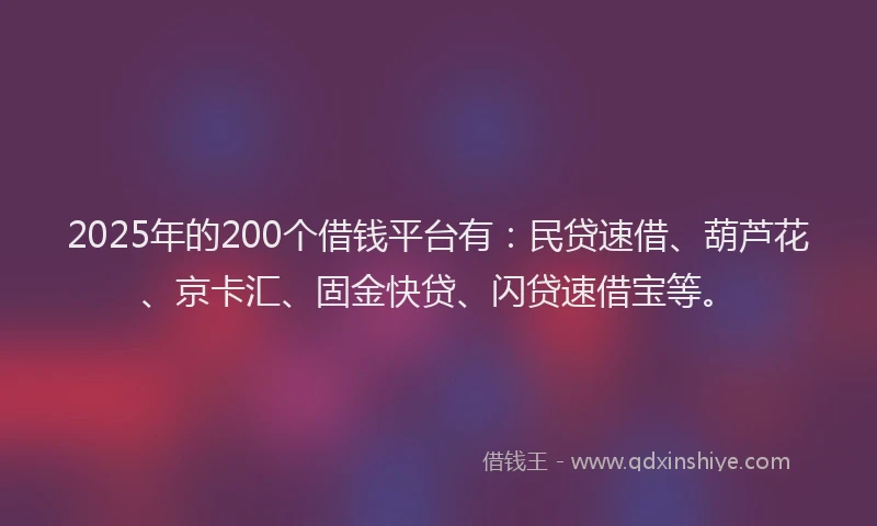 2025年的200个借钱平台有：民贷速借、葫芦花、京卡汇、固金快贷、闪贷速借宝等。