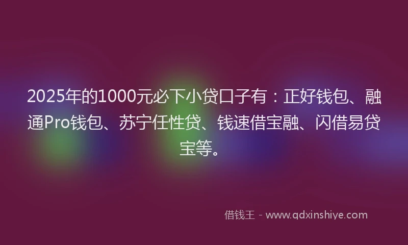 2025年的1000元必下小贷口子有：正好钱包、融通Pro钱包、苏宁任性贷、钱速借宝融、闪借易贷宝等。