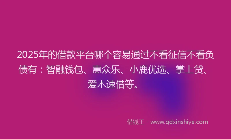 2025年的借款平台哪个容易通过不看征信不看负债有：智融钱包、惠众乐、小鹿优选、掌上贷、爱木速借等。