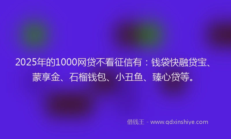 2025年的1000网贷不看征信有：钱袋快融贷宝、蒙享金、石榴钱包、小丑鱼、臻心贷等。