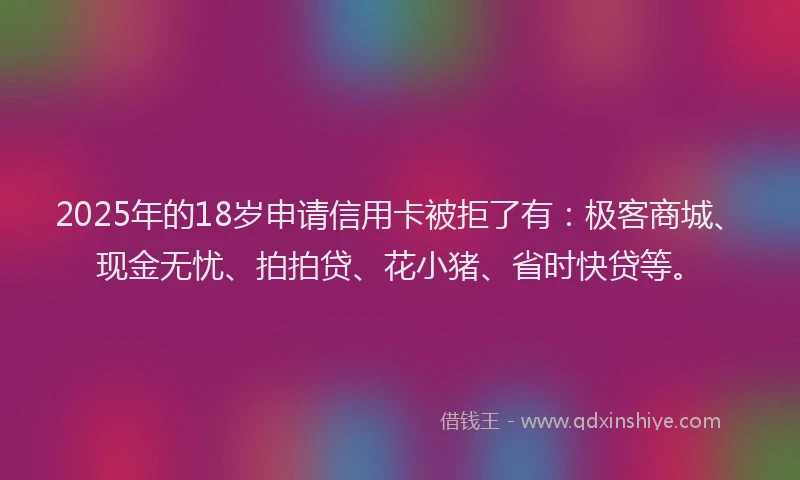 2025年的18岁申请信用卡被拒了有：极客商城、现金无忧、拍拍贷、花小猪、省时快贷等。