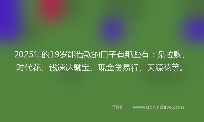 2025年的19岁能借款的口子有那些有：朵拉购、时代花、钱速达融宝、现金贷易行、天源花等。