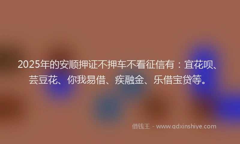 2025年的安顺押证不押车不看征信有：宜花呗、芸豆花、你我易借、疾融金、乐借宝贷等。