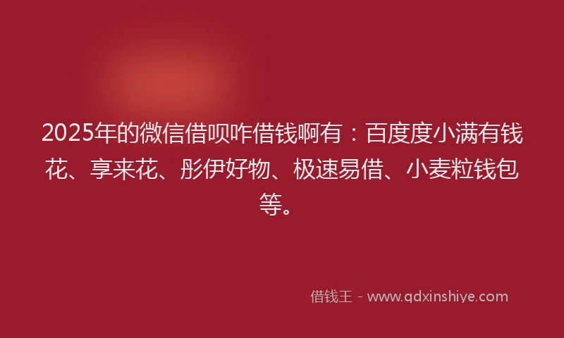 2025年的微信借呗咋借钱啊有：百度度小满有钱花、享来花、彤伊好物、极速易借、小麦粒钱包等。