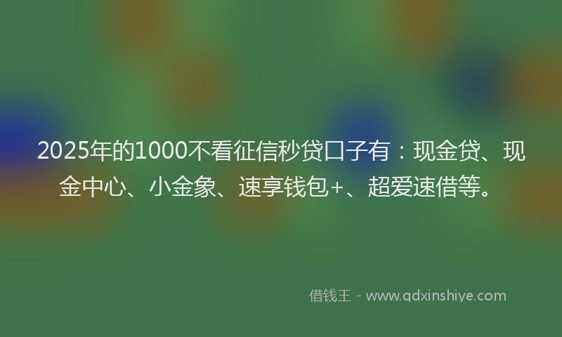 2025年的1000不看征信秒贷口子有：现金贷、现金中心、小金象、速享钱包+、超爱速借等。