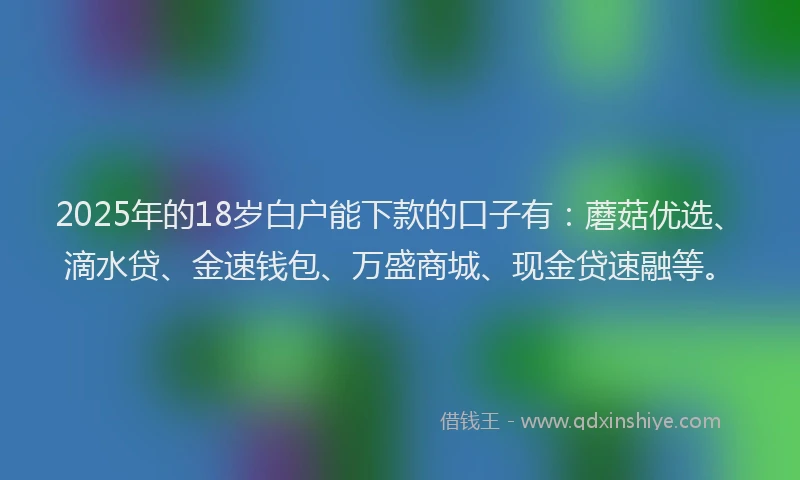 2025年的18岁白户能下款的口子有：蘑菇优选、滴水贷、金速钱包、万盛商城、现金贷速融等。