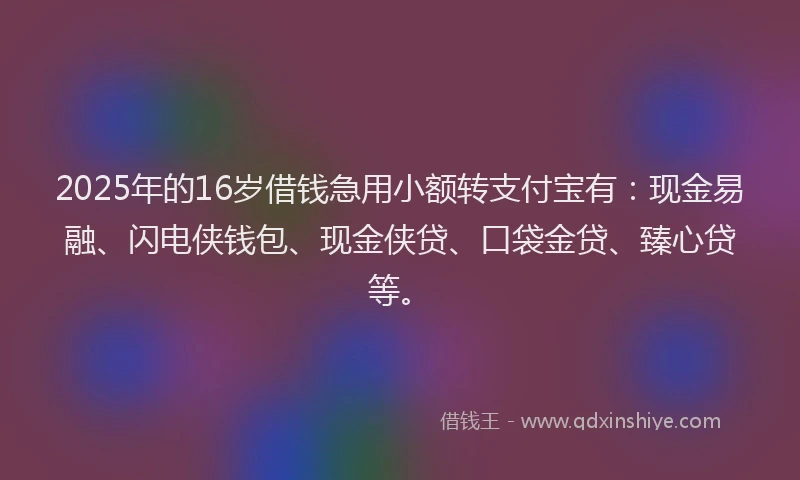 2025年的16岁借钱急用小额转支付宝有：现金易融、闪电侠钱包、现金侠贷、口袋金贷、臻心贷等。
