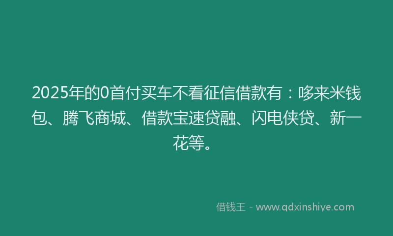 2025年的0首付买车不看征信借款有：哆来米钱包、腾飞商城、借款宝速贷融、闪电侠贷、新一花等。