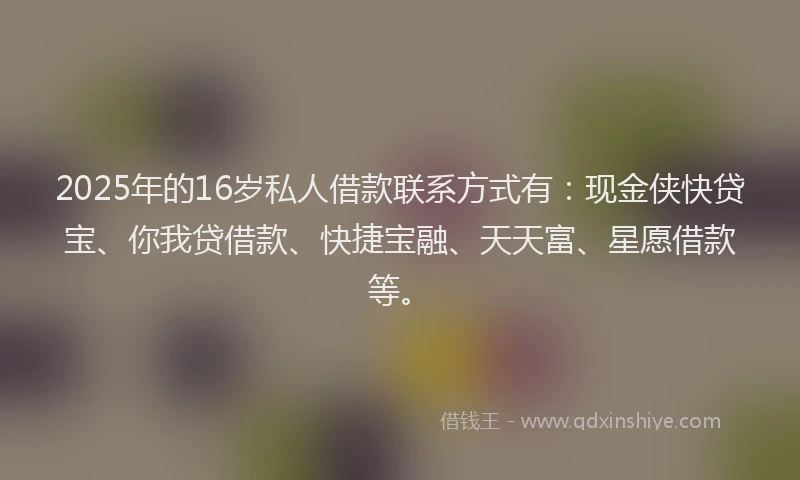2025年的16岁私人借款联系方式有：现金侠快贷宝、你我贷借款、快捷宝融、天天富、星愿借款等。