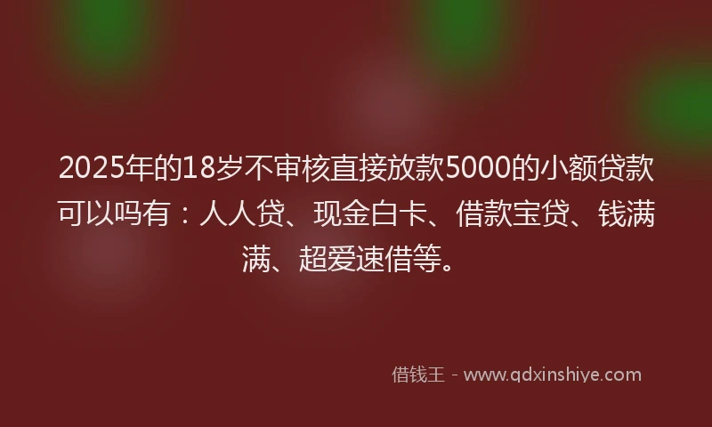 2025年的18岁不审核直接放款5000的小额贷款可以吗有：人人贷、现金白卡、借款宝贷、钱满满、超爱速借等。