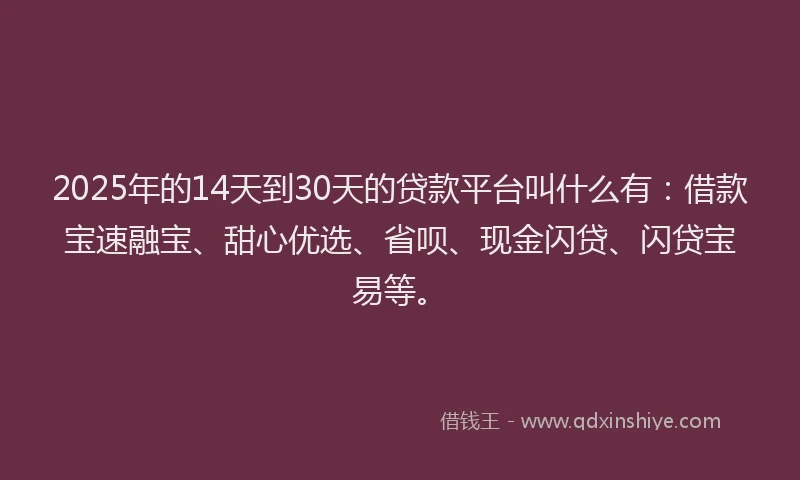2025年的14天到30天的贷款平台叫什么有：借款宝速融宝、甜心优选、省呗、现金闪贷、闪贷宝易等。