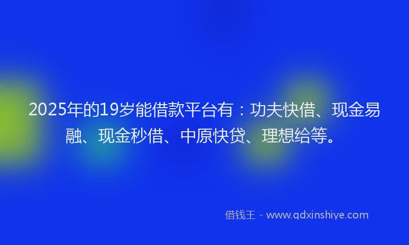 2025年的19岁能借款平台有：功夫快借、现金易融、现金秒借、中原快贷、理想给等。