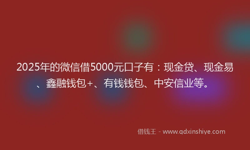 2025年的微信借5000元口子有：现金贷、现金易、鑫融钱包+、有钱钱包、中安信业等。