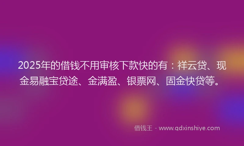 2025年的借钱不用审核下款快的有：祥云贷、现金易融宝贷途、金满盈、银票网、固金快贷等。
