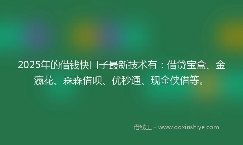 2025年的借钱快口子最新技术有：借贷宝盒、金瀛花、森森借呗、优秒通、现金侠借等。