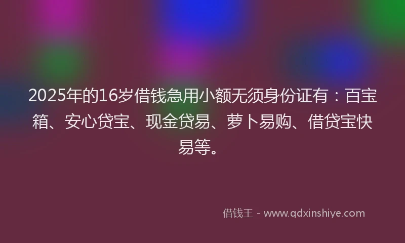 2025年的16岁借钱急用小额无须身份证有：百宝箱、安心贷宝、现金贷易、萝卜易购、借贷宝快易等。