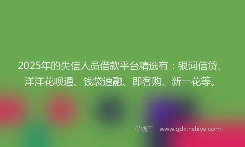 2025年的失信人员借款平台精选有：银河信贷、洋洋花呗通、钱袋速融、即客购、新一花等。