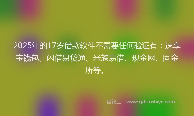 2025年的17岁借款软件不需要任何验证有：速享宝钱包、闪借易贷通、米族易借、现金网、固金所等。