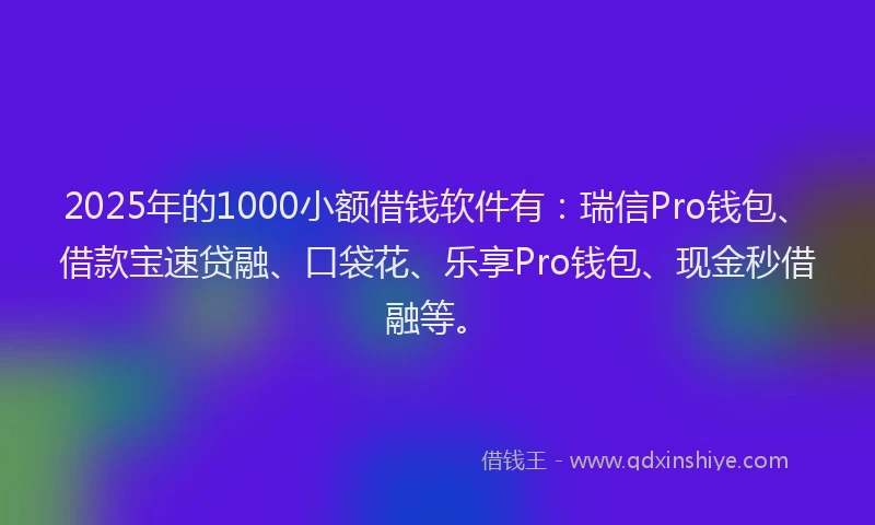 2025年的1000小额借钱软件有：瑞信Pro钱包、借款宝速贷融、口袋花、乐享Pro钱包、现金秒借融等。