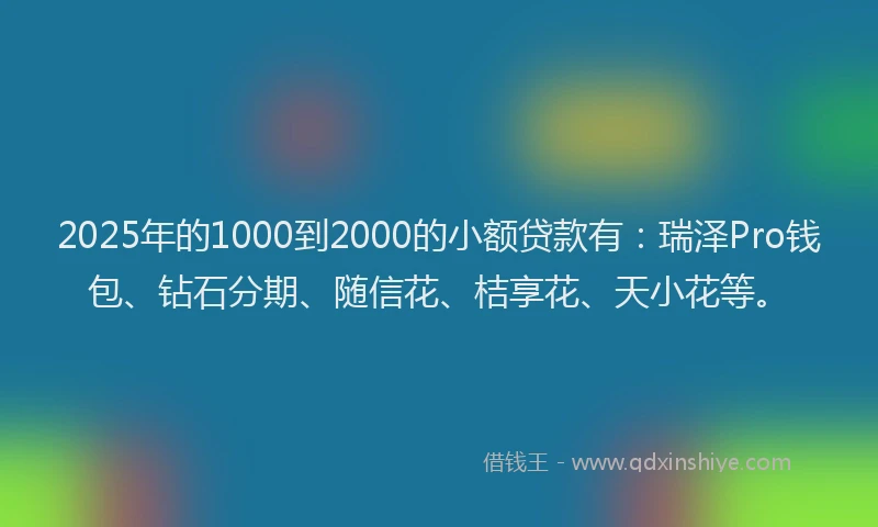 2025年的1000到2000的小额贷款有：瑞泽Pro钱包、钻石分期、随信花、桔享花、天小花等。