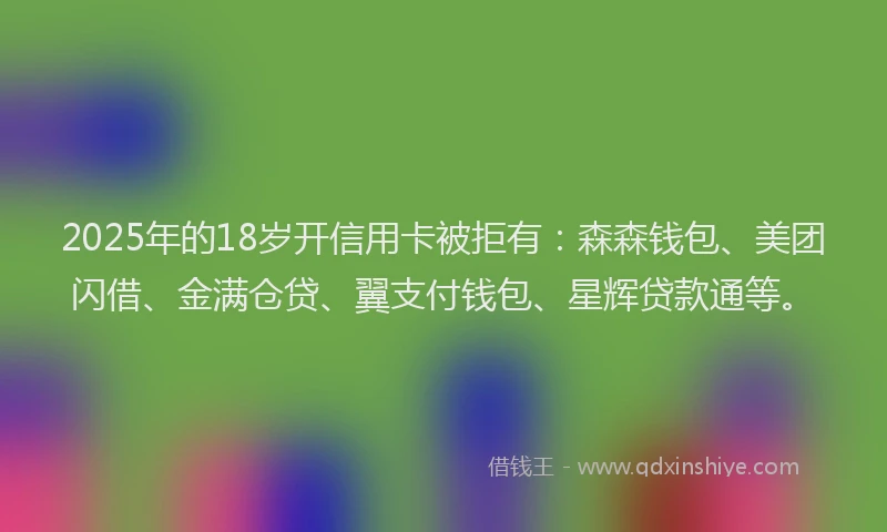2025年的18岁开信用卡被拒有：森森钱包、美团闪借、金满仓贷、翼支付钱包、星辉贷款通等。