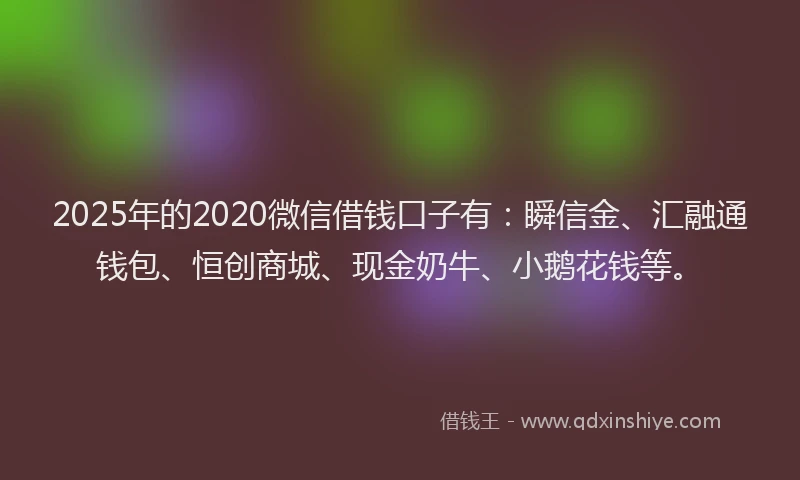 2025年的2020微信借钱口子有：瞬信金、汇融通钱包、恒创商城、现金奶牛、小鹅花钱等。
