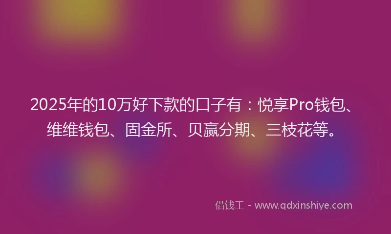 2025年的10万好下款的口子有：悦享Pro钱包、维维钱包、固金所、贝赢分期、三枝花等。