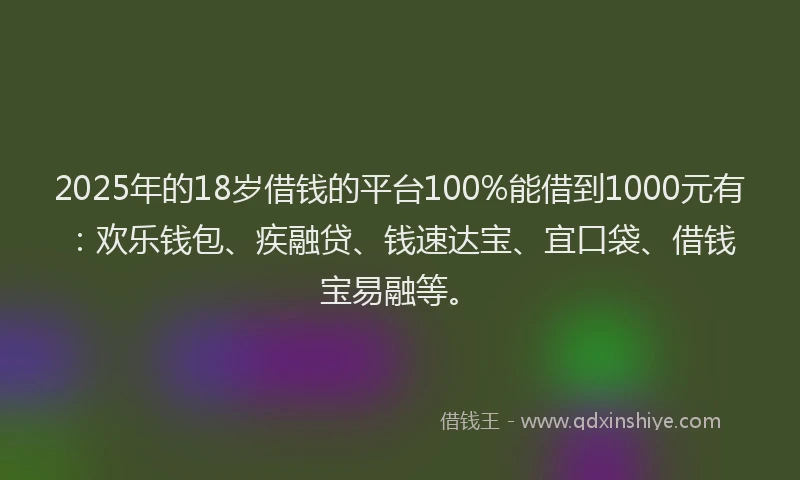 2025年的18岁借钱的平台100%能借到1000元有：欢乐钱包、疾融贷、钱速达宝、宜口袋、借钱宝易融等。