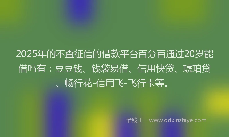 2025年的不查征信的借款平台百分百通过20岁能借吗有：豆豆钱、钱袋易借、信用快贷、琥珀贷、畅行花-信用飞-飞行卡等。