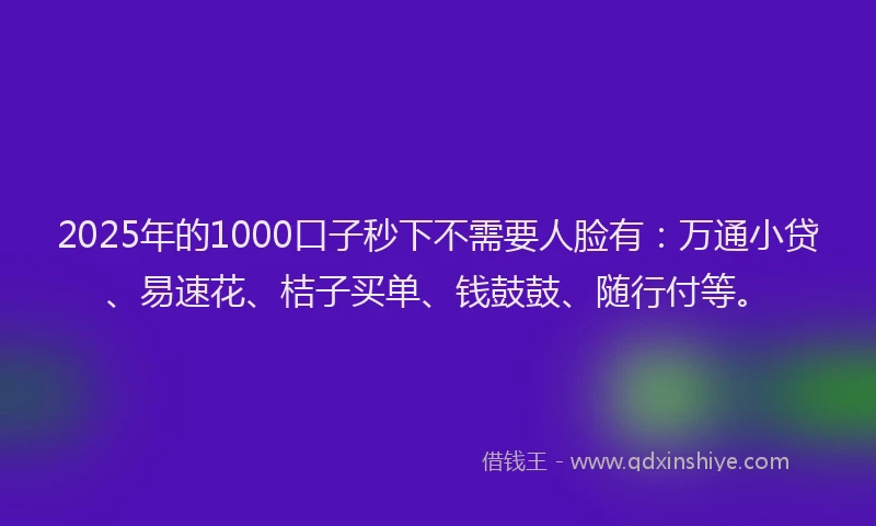2025年的1000口子秒下不需要人脸有：万通小贷、易速花、桔子买单、钱鼓鼓、随行付等。