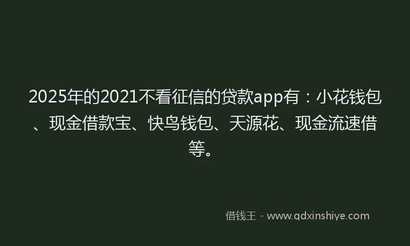 2025年的2021不看征信的贷款app有：小花钱包、现金借款宝、快鸟钱包、天源花、现金流速借等。