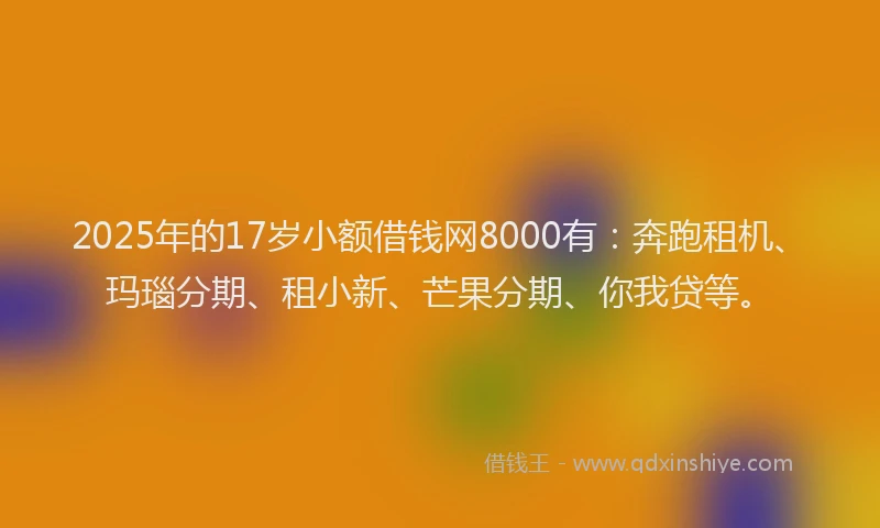 2025年的17岁小额借钱网8000有：奔跑租机、玛瑙分期、租小新、芒果分期、你我贷等。