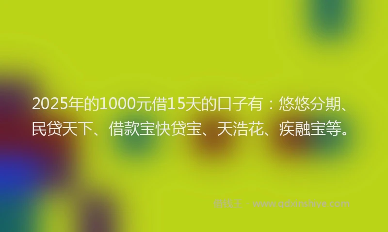 2025年的1000元借15天的口子有：悠悠分期、民贷天下、借款宝快贷宝、天浩花、疾融宝等。