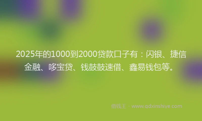 2025年的1000到2000贷款口子有：闪银、捷信金融、哆宝贷、钱鼓鼓速借、鑫易钱包等。