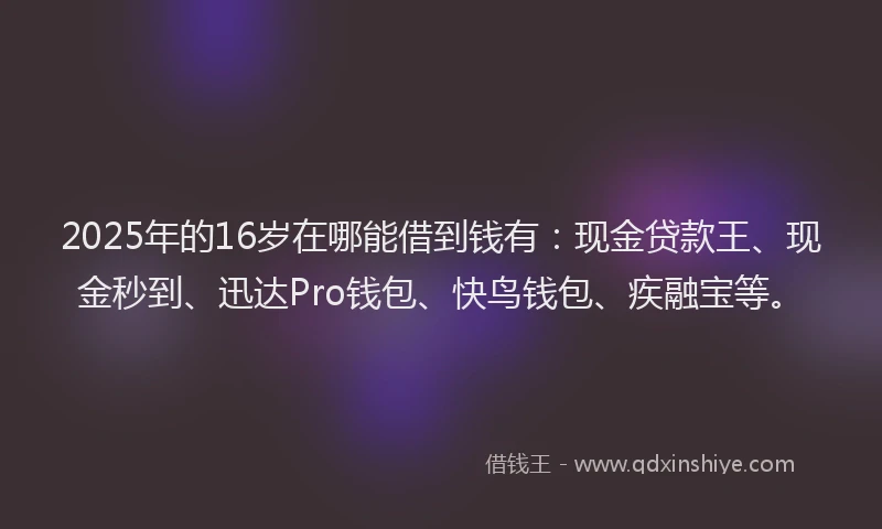 2025年的16岁在哪能借到钱有：现金贷款王、现金秒到、迅达Pro钱包、快鸟钱包、疾融宝等。